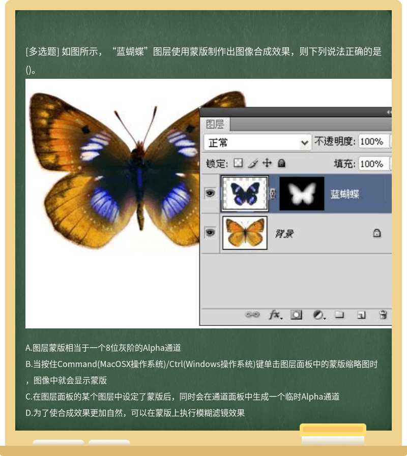 如图所示，“蓝蝴蝶”图层使用蒙版制作出图像合成效果，则下列说法正确的是（)。A、图层蒙版相当于一