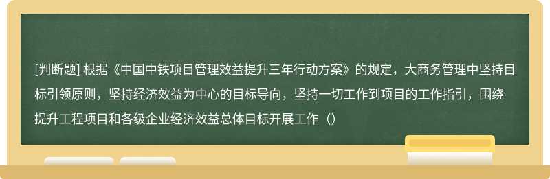 根据《中国中铁项目管理效益提升三年行动方案》的规定，大商务管理中坚持目标引领原则，坚持经济效益为中心的目标导向，坚持一切工作到项目的工作指引，围绕提升工程项目和各级企业经济效益总体目标开展工作（）