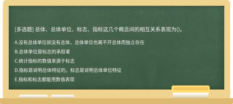 总体、总体单位、标志、指标这几个概念间的相互关系表现为()。