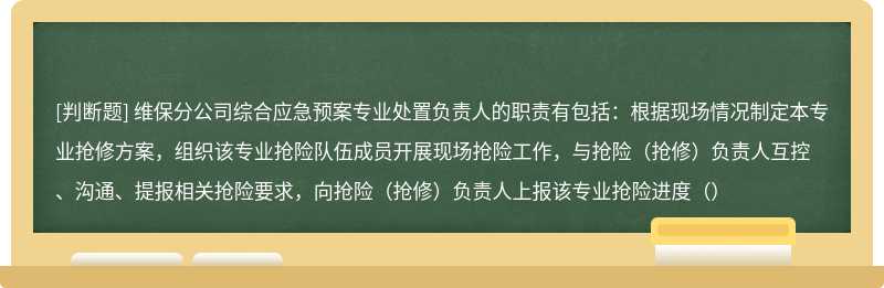 维保分公司综合应急预案专业处置负责人的职责有包括：根据现场情况制定本专业抢修方案，组织该专业抢险队伍成员开展现场抢险工作，与抢险（抢修）负责人互控、沟通、提报相关抢险要求，向抢险（抢修）负责人上报该专业抢险进度（）