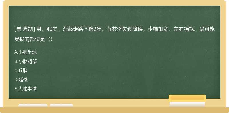 男，40岁。渐起走路不稳2年，有共济失调障碍，步幅加宽，左右摇摆。最可能受损的部位是（）