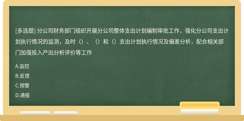 分公司财务部门组织开展分公司整体支出计划编制审批工作，强化分公司支出计划执行情况的监测，及时（）、（）和（）支出计划执行情况及偏差分析，配合相关部门加强投入产出分析评价等工作