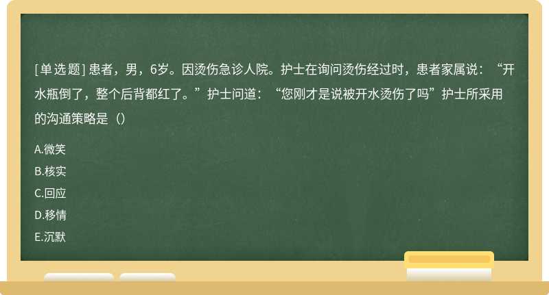 患者，男，6岁。因烫伤急诊人院。护士在询问烫伤经过时，患者家属说：“开水瓶倒了，整个后背都红了。”护士问道：“您刚才是说被开水烫伤了吗”护士所采用的沟通策略是（）