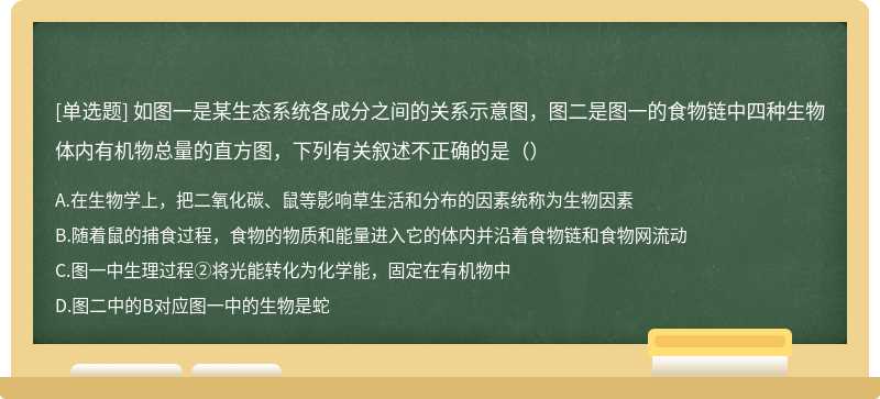 如图一是某生态系统各成分之间的关系示意图，图二是图一的食物链中四种生物体内有机物总量的直方图，下列有关叙述不正确的是（）