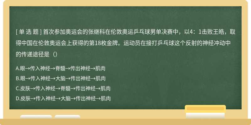 首次参加奥运会的张继科在伦敦奥运乒乓球男单决赛中，以4：1击败王皓，取得中国在伦敦奥运会上获得的第18枚金牌。运动员在接打乒乓球这个反射的神经冲动中的传递途径是（）