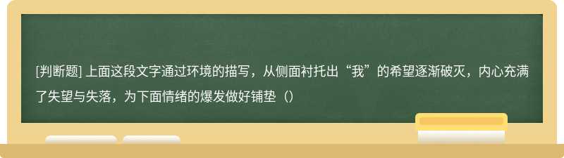 上面这段文字通过环境的描写，从侧面衬托出“我”的希望逐渐破灭，内心充满了失望与失落，为下面情绪的爆发做好铺垫（）