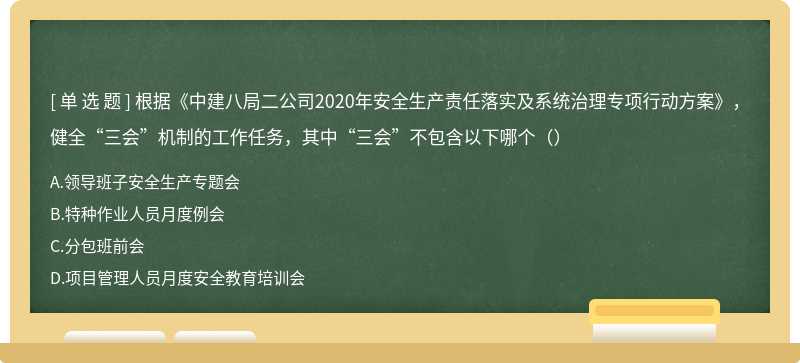 根据《中建八局二公司2020年安全生产责任落实及系统治理专项行动方案》，健全“三会”机制的工作任务，其中“三会”不包含以下哪个（）