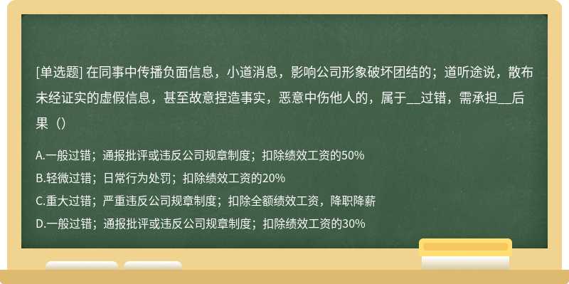 在同事中传播负面信息，小道消息，影响公司形象破坏团结的；道听途说，散布未经证实的虚假信息，甚至故意捏造事实，恶意中伤他人的，属于__过错，需承担__后果（）