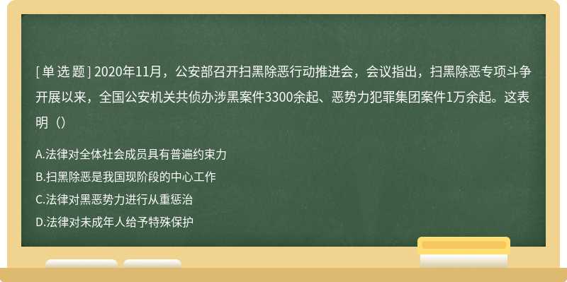 2020年11月，公安部召开扫黑除恶行动推进会，会议指出，扫黑除恶专项斗争开展以来，全国公安机关共侦办涉黑案件3300余起、恶势力犯罪集团案件1万余起。这表明（）