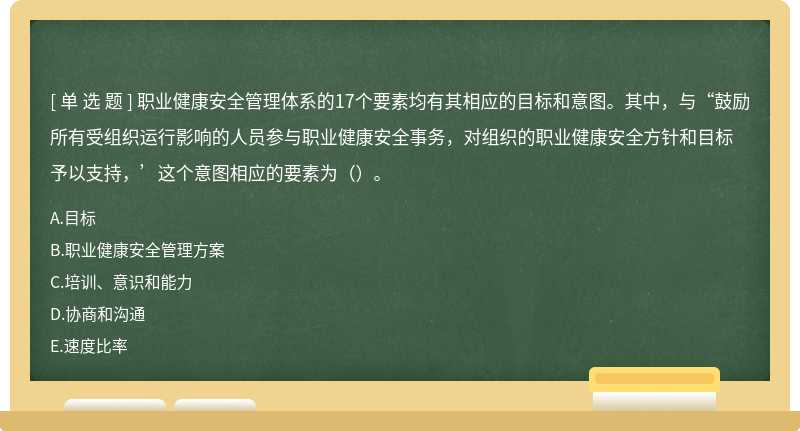 职业健康安全管理体系的17个要素均有其相应的目标和意图。其中，与“鼓励所有受组织运行影响的人员参与职业健康安全事务，对组织的职业健康安全方针和目标予以支持，’这个意图相应的要素为（）。