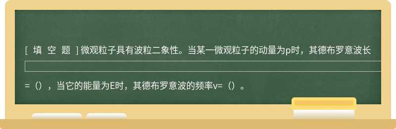 微观粒子具有波粒二象性。当某一微观粒子的动量为p时，其德布罗意波长=（），当它的能量为E时，其德布罗意波的频率v=（）。