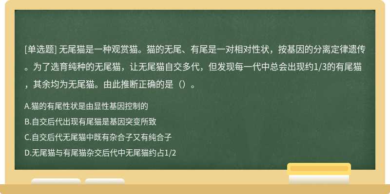 无尾猫是一种观赏猫。猫的无尾、有尾是一对相对性状，按基因的分离定律遗传。为了选育纯种的无尾猫，让无尾猫自交多代，但发现每一代中总会出现约1/3的有尾猫，其余均为无尾猫。由此推断正确的是（）。