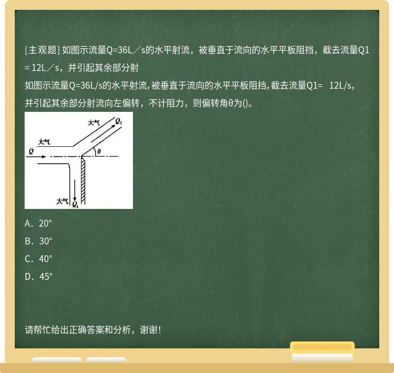 如图示流量Q=36L／s的水平射流，被垂直于流向的水平平板阻挡，截去流量Q1= 12L／s，并引起其余部分射