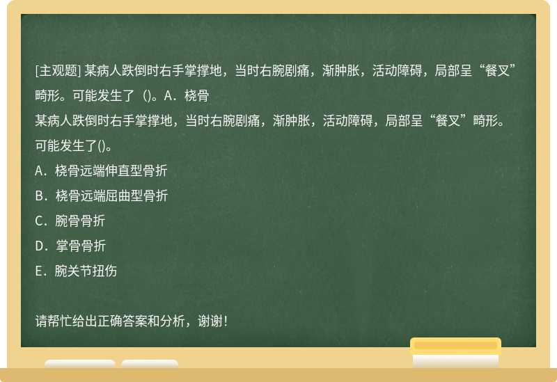 某病人跌倒时右手掌撑地，当时右腕剧痛，渐肿胀，活动障碍，局部呈“餐叉”畸形。可能发生了（)。A．桡骨