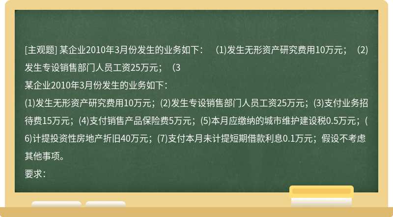 某企业2010年3月份发生的业务如下：  （1)发生无形资产研究费用10万元；（2)发生专设销售部门人员工资25万元；（3