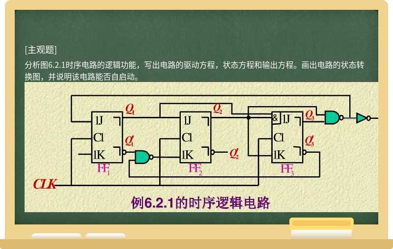 分析图6.2.1时序电路的逻辑功能，写出电路的驱动方程，状态方程和输出方程。画出电路的状态转换图，并说明该电