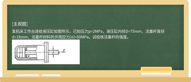 某机床工作台进给液压缸如图所示。已知压力p=2MPa，液压缸内径D=75mm，活塞杆直径d=18mm，活塞杆材料的许用应力