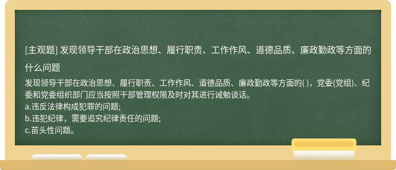 发现领导干部在政治思想、履行职责、工作作风、道德品质、廉政勤政等方面的什么问题