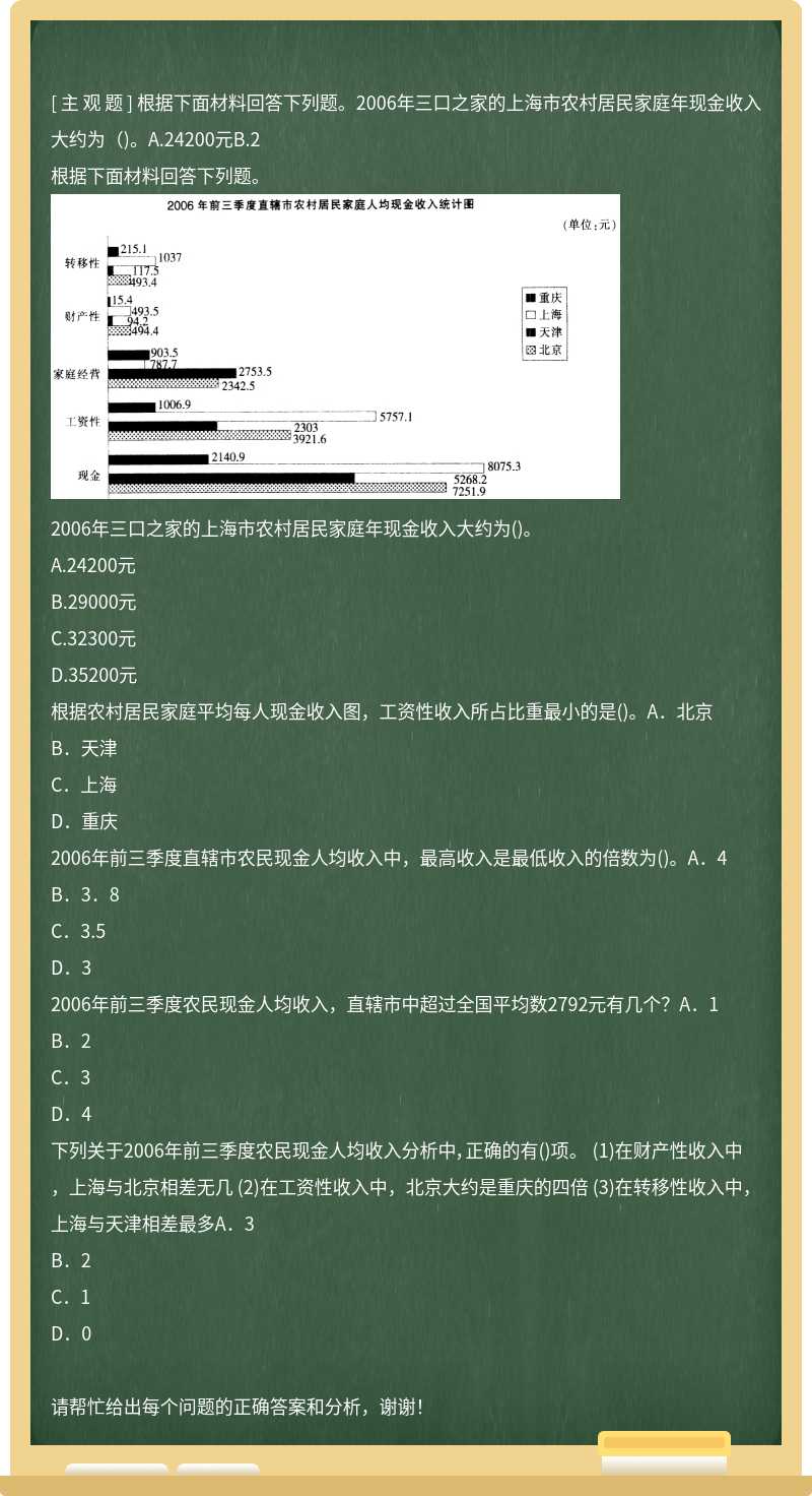 根据下面材料回答下列题。2006年三口之家的上海市农村居民家庭年现金收入大约为（)。A.24200元B.2