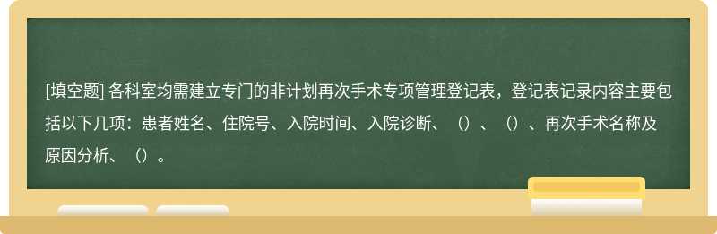 各科室均需建立专门的非计划再次手术专项管理登记表，登记表记录内容主要包括以下几项：患者姓名、住院号、入院时间、入院诊断、（）、（）、再次手术名称及原因分析、（）。