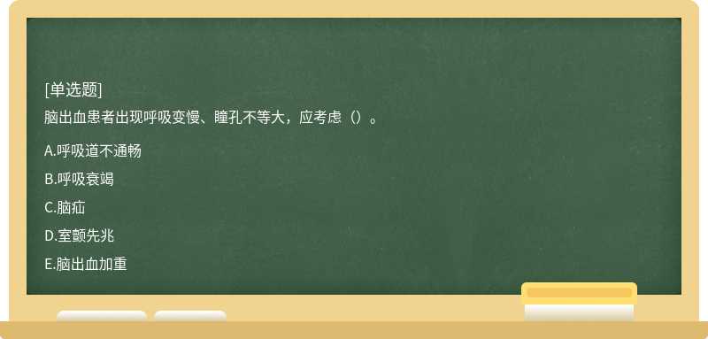 脑出血患者出现呼吸变慢、瞳孔不等大，应考虑（）。