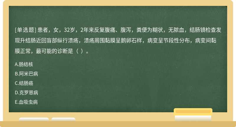 患者，女，32歲，2年來反復腹痛、腹瀉，糞便為糊狀，無膿血，結腸鏡檢查發現升結腸近回盲部縱行潰瘍，潰瘍周圍黏膜呈鵝卵石樣，病變呈節段性分布，病變間黏膜正常，最可能的診斷是（  ）。