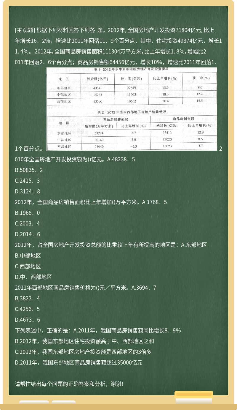 根据下列材料回答下列各 题。 2012年,全国房地产开发投资71804亿元,比上年增长16.2%,增速比2011年