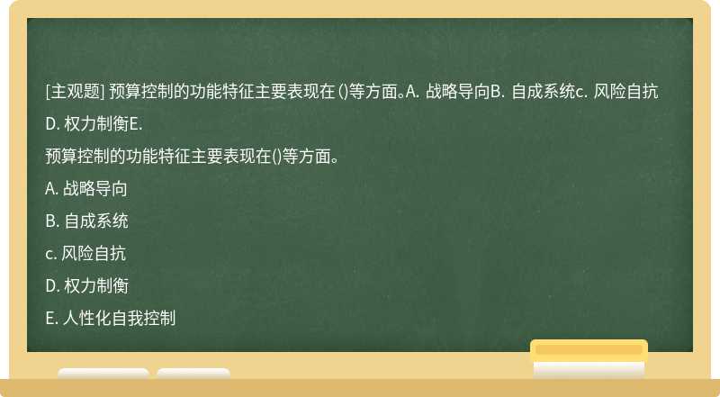 预算控制的功能特征主要表现在（)等方面。A. 战略导向B. 自成系统c. 风险自抗D. 权力制衡E.