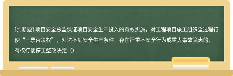 项目安全总监保证项目安全生产投入的有效实施，对工程项目施工组织全过程行使“一票否决权”，对达不到安全生产条件、存在严重不安全行为或重大事故隐患的，有权行使停工整改决定（）