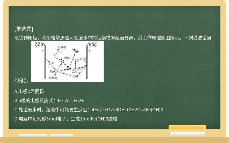 以铁作阳极，利用电解原理可使废水中的污染物凝聚而分离，其工作原理如图所示。下列说法错误的是()。