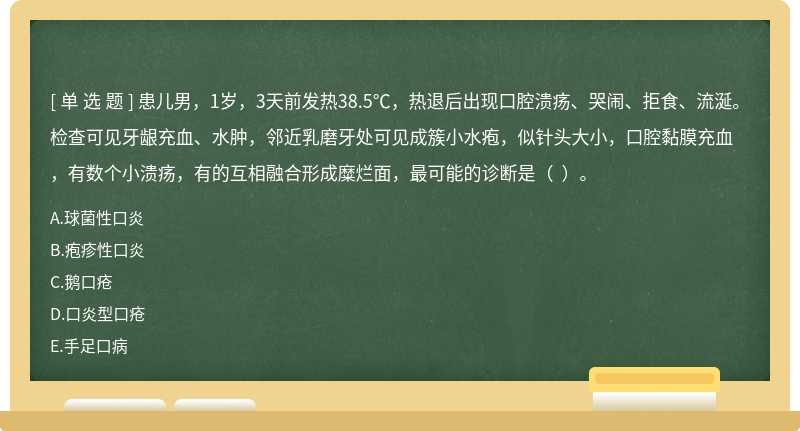 患儿男，1岁，3天前发热38.5℃，热退后出现口腔溃疡、哭闹、拒食、流涎。检查可见牙龈充血、水肿，邻近乳磨牙处可见成簇小水疱，似针头大小，口腔黏膜充血，有数个小溃疡，有的互相融合形成糜烂面，最可能的诊断是（  ）。