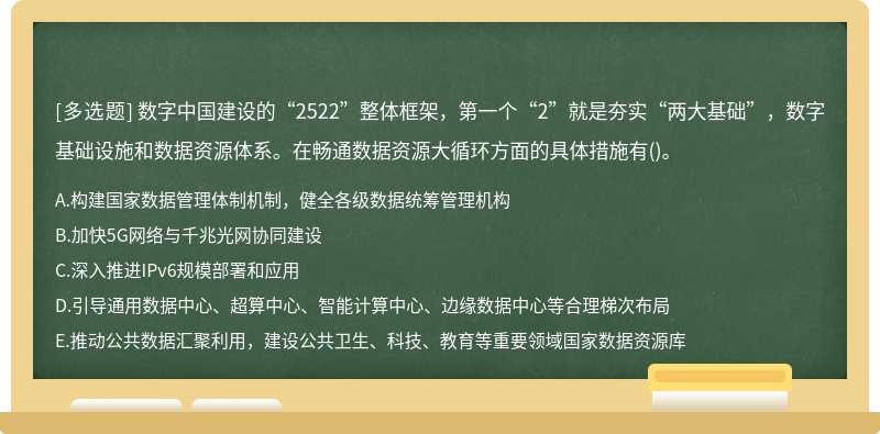 数字中国建设的“2522”整体框架，第一个“2”就是夯实“两大基础”，数字基础设施和数据资源体系。在畅通数据资源大循环方面的具体措施有 ...