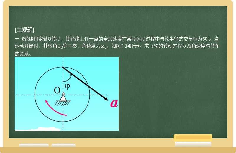 一飞轮绕固定轴O转动，其轮缘上任一点的全加速度在某段运动过程中与轮半径的交角恒为60°。当运动开始时，其转