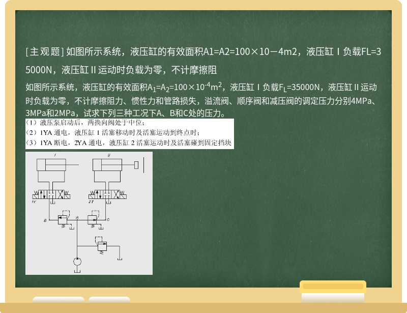 如图所示系统，液压缸的有效面积A1=A2=100×10－4m2，液压缸Ⅰ负载FL=35000N，液压缸Ⅱ运动时负载为零，不计摩擦阻