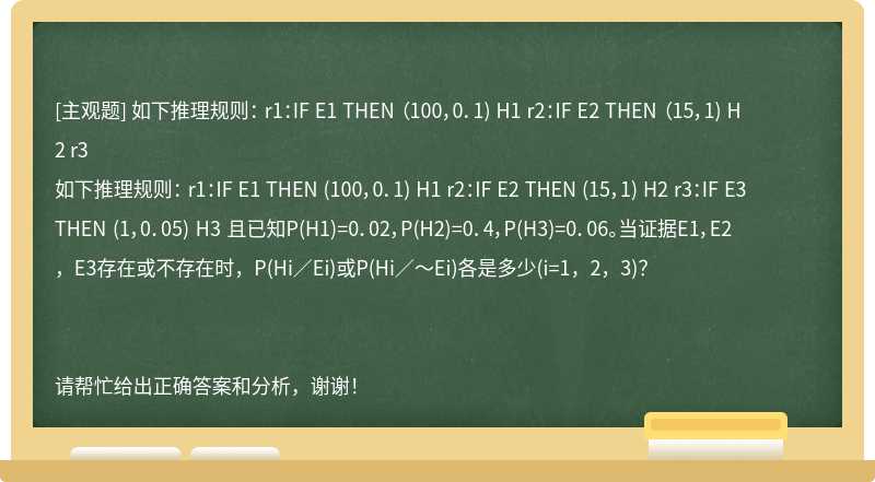 如下推理规则： r1：IF E1 THEN （100，0．1) H1 r2：IF E2 THEN （15，1) H2 r3