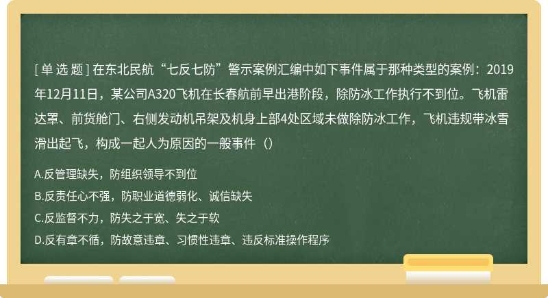 在东北民航“七反七防”警示案例汇编中如下事件属于那种类型的案例：2019年12月11日，某公司A320飞机在长春航前早出港阶段，除防冰工作执行不到位。飞机雷达罩、前货舱门、右侧发动机吊架及机身上部4处区域未做除防冰工作，飞机违规带冰雪滑出起飞，构成一起人为原因的一般事件（）