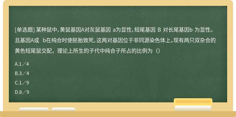 某种鼠中，黄鼠基因A对灰鼠基因 a为显性，短尾基因 B 对长尾基因b 为显性。且基因A或 b在纯合时使胚胎致死，这两对基因位于非同源染色体上。现有两只双杂合的黄色短尾鼠交配，理论上所生的子代中纯合子所占的比例为（）