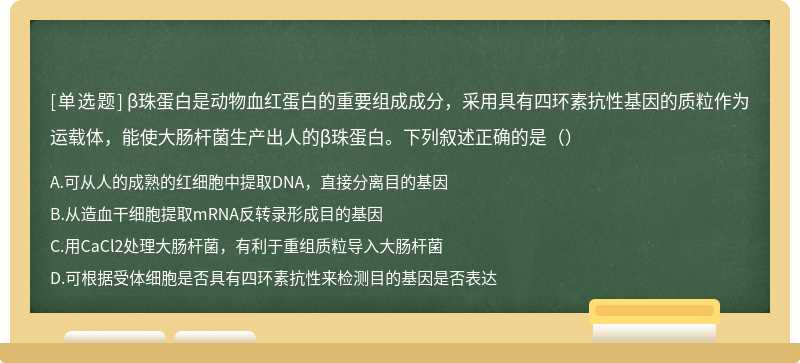 β珠蛋白是动物血红蛋白的重要组成成分，采用具有四环素抗性基因的质粒作为运载体，能使大肠杆菌生产出人的β珠蛋白。下列叙述正确的是（）