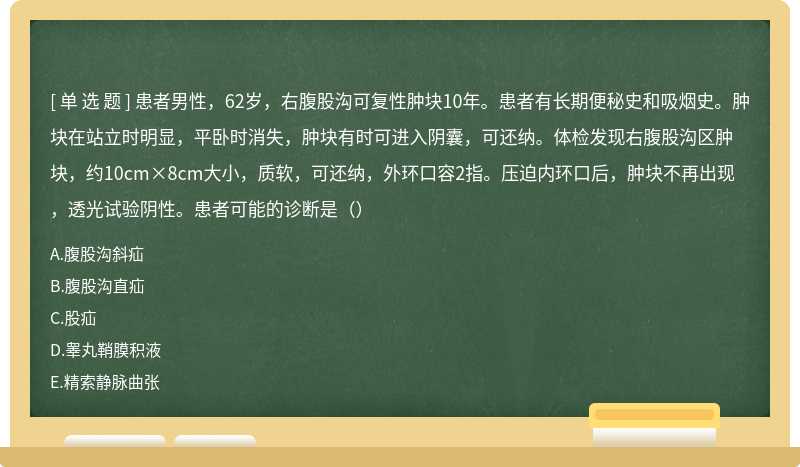 患者男性，62岁，右腹股沟可复性肿块10年。患者有长期便秘史和吸烟史。肿块在站立时明显，平卧时消失，肿块有时可进入阴囊，可还纳。体检发现右腹股沟区肿块，约10cm×8cm大小，质软，可还纳，外环口容2指。压迫内环口后，肿块不再出现，透光试验阴性。患者可能的诊断是（）