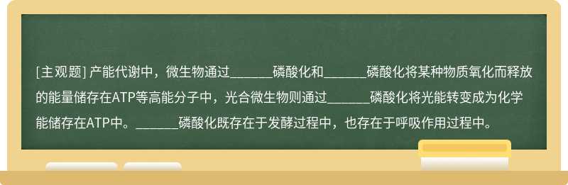 产能代谢中，微生物通过______磷酸化和______磷酸化将某种物质氧化而释放的能量储存在ATP等高能分子中，光合