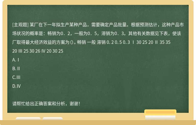 某厂在下一年拟生产某种产品，需要确定产品批量。根据预测估计，这种产品市场状况的概率是：畅销为0．