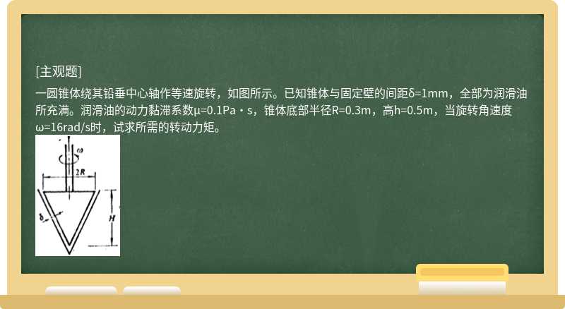 一圆锥体绕其铅垂中心轴作等速旋转，如图所示。已知锥体与固定壁的间距δ=1mm，全部为润滑油所充满。润滑油的动