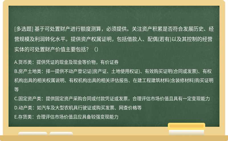 基于可处置财产进行额度测算，必须提供。关注资产积累是否符合发展历史、经营规模及利润转化水平。提供资产权属证明，包括借款人、配偶(若有)以及其控制的经营实体的可处置财产价值主要包括？（）