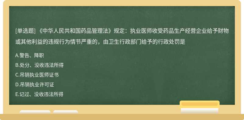 《中華人民共和國藥品管理法》規(guī)定：執(zhí)業(yè)醫(yī)師收受藥品生產經營企業(yè)給予財物或其他利益的違規(guī)行為