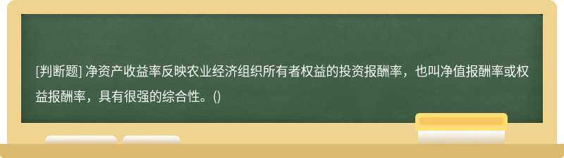 净资产收益率反映农业经济组织所有者权益的投资报酬率，也叫净值报酬率或权益报酬率，具有很强的综合性。()
