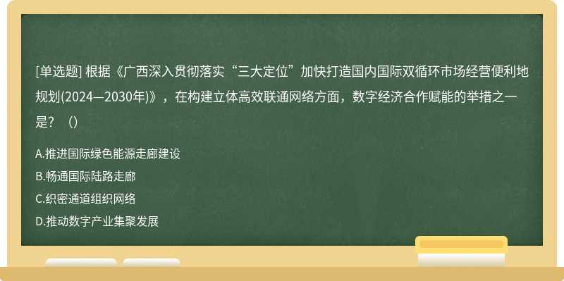 根据《广西深入贯彻落实“三大定位”加快打造国内国际双循环市场经营便利地规划(2024—2030年)》，在构建立体高效联通网络方面，数字经济合作赋能的举措之一是？（）