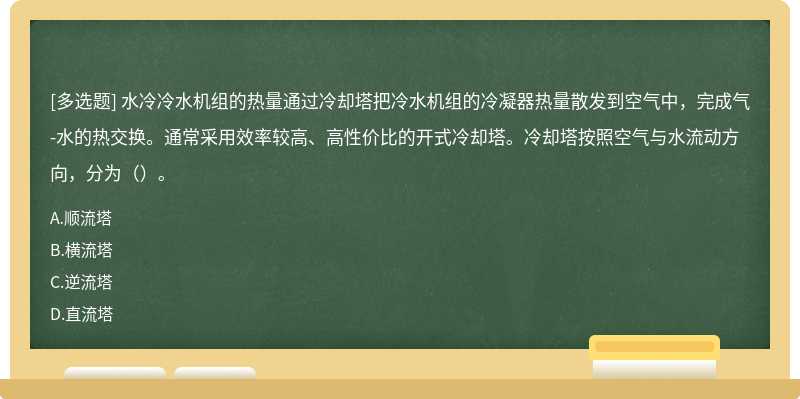 水冷冷水機組的熱量通過冷卻塔把冷水機組的冷凝器熱量散發到空氣中，完成氣-水的熱交換。通常采用效率較高、高性價比的開式冷卻塔。冷卻塔按照空氣與水流動方向，分為（）。