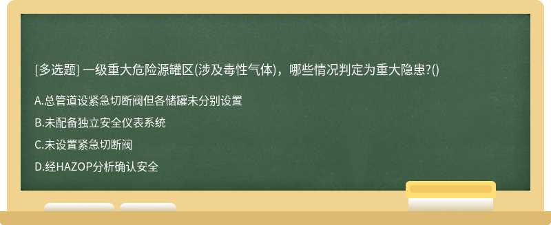 一级重大危险源罐区(涉及毒性气体)，哪些情况判定为重大隐患?()