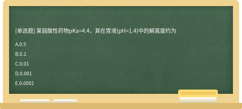 某弱酸性药物pKa=4.4，其在胃液(pH=1.4)中的解离度约为