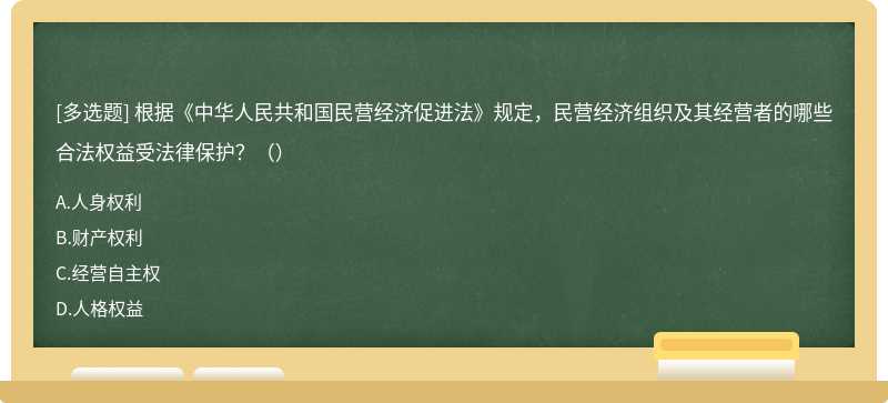 根据《中华人民共和国民营经济促进法》规定，民营经济组织及其经营者的哪些合法权益受法律保护？（）